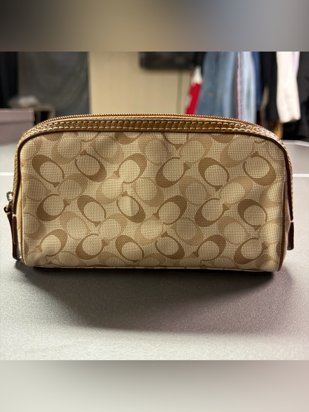 Coach Signature Tan Coated Canvas Makeup Case Cosmetic Travel Pouch